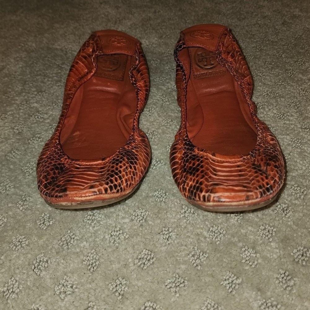 Tory Burch Orange Woven Leather Loafers